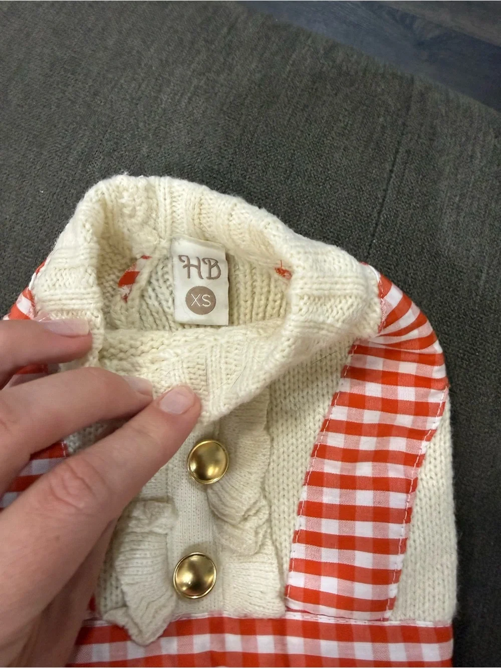 Harry Barker Puppy Cream Knit & Red Gingham Sundress with Gold Buttons
